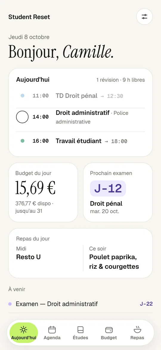Écran Aujourd’hui de Student Reset : révision prévue, budget du jour, repas